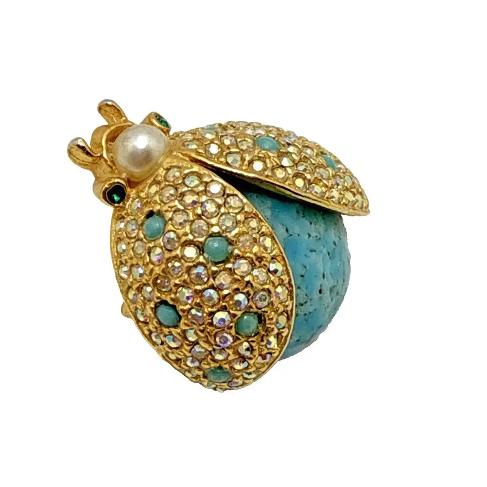 Vintage Unsigned Hattie Carnegie Ladybug Brooch Gold Tone Blue Body Beetle 1.25